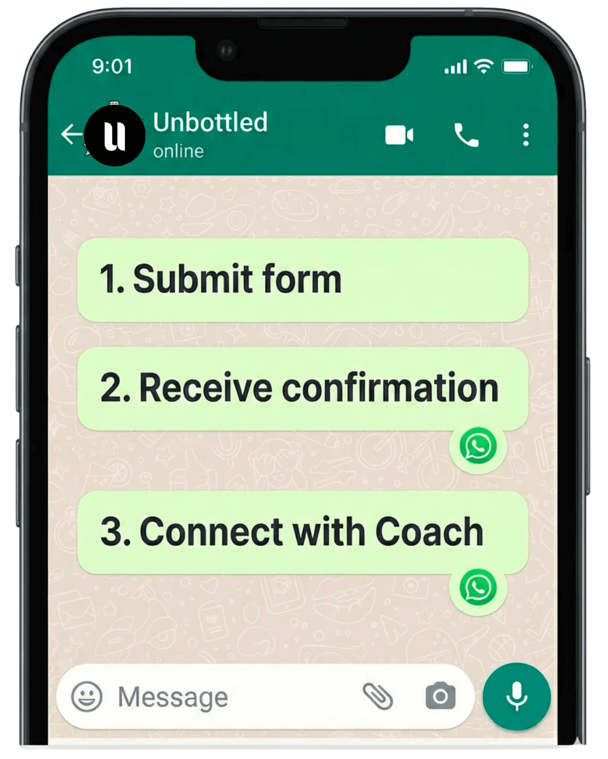 WhatsApp booking interface mockup